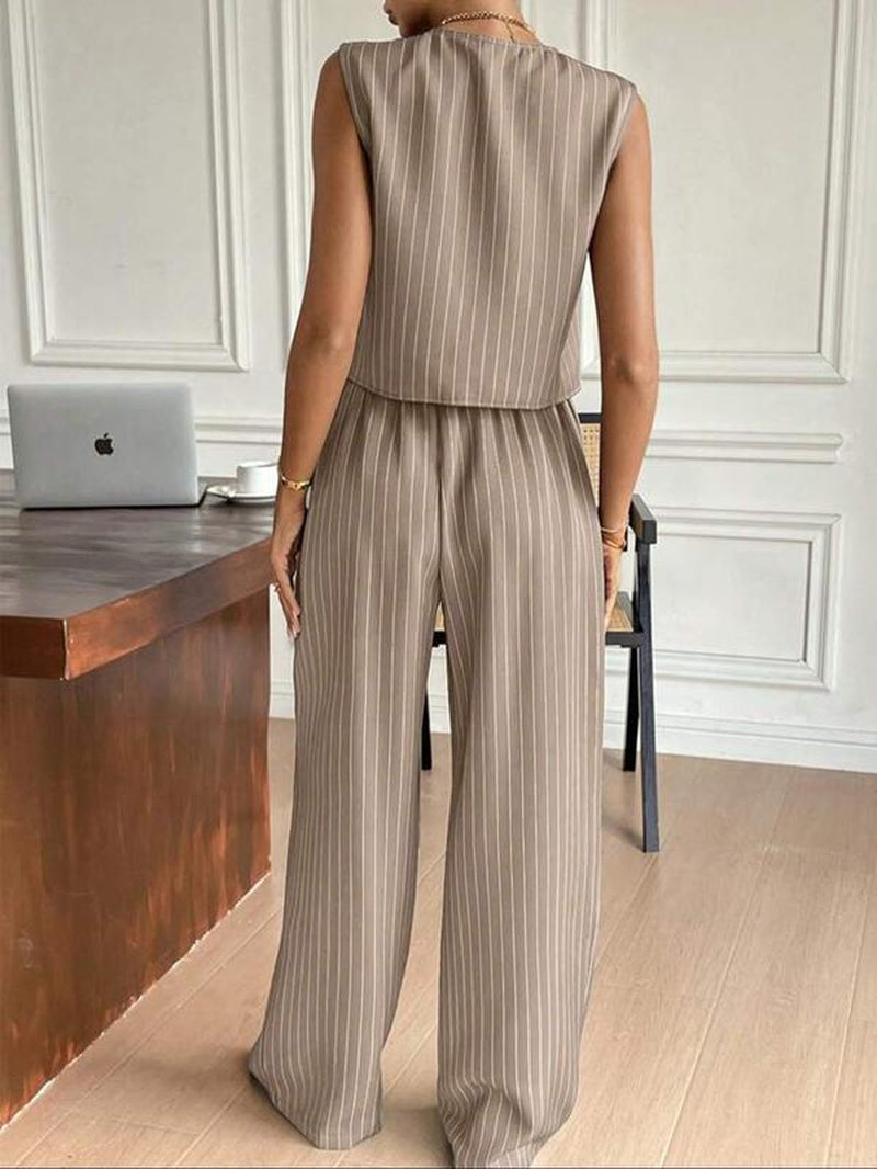 Two-Piece Set Women'S Striped Button Front Tank Top & Pants, Casual Fitted Sleeveless Top & Trousers for Daily Wear, Ladies Clothes for Summer, Casual Matching Set, Casual Formal Set, Summer Outfits Set, Summer Beach Set