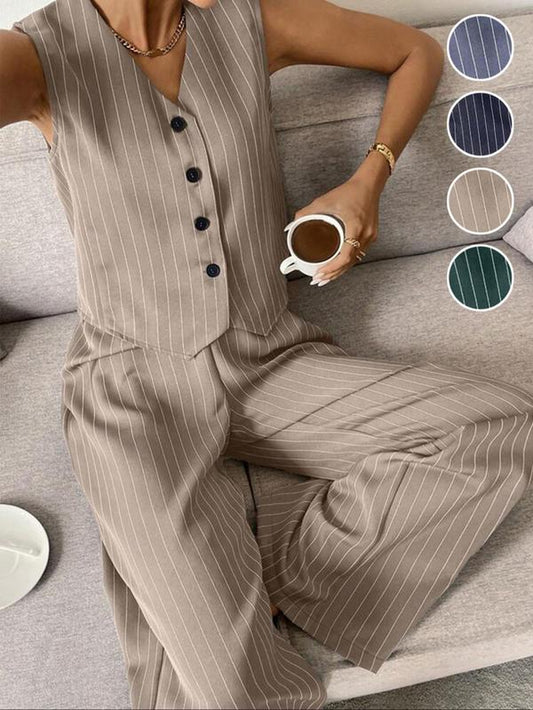 Two-Piece Set Women'S Striped Button Front Tank Top & Pants, Casual Fitted Sleeveless Top & Trousers for Daily Wear, Ladies Clothes for Summer, Casual Matching Set, Casual Formal Set, Summer Outfits Set, Summer Beach Set
