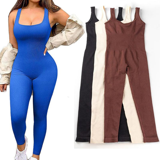 Women'S Solid Color Sleeveless Vest Jumpsuit Thread Square Neck Backless Hip Lift Slim-Fit Sports Jumpsuit Gymwear