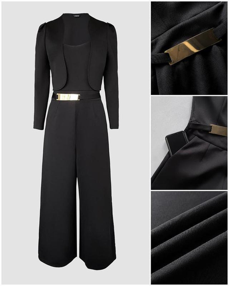 2025 FW Chicme Women'S 2 Pieces Outfit Metal Decor Square Neck Sleeveless Zipper Back Cinched Waist Wide Leg Jumpsuit and Casual Crop Cardigan Set