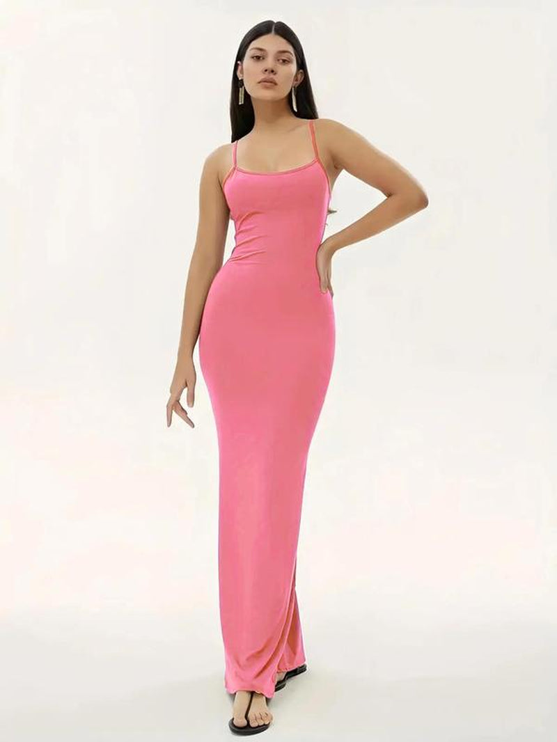 Women'S Minimalist Maxi Bodycon Cami Dress, Adjustable Strap Tight Dresses for Holiday Party Daily Wear, Casual Sleeveless Summer Dress Ladies Clothing