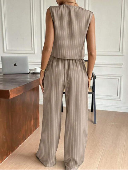 Two-Piece Set Women'S Striped Button Front Tank Top & Pants, Casual Fitted Sleeveless Top & Trousers for Daily Wear, Ladies Clothes for Summer, Casual Matching Set, Casual Formal Set, Summer Outfits Set, Summer Beach Set