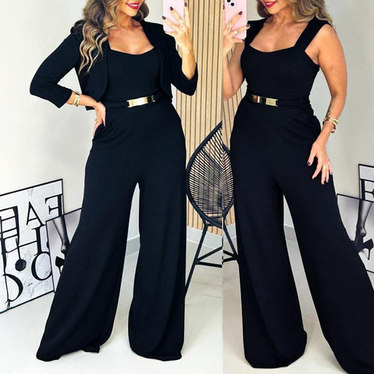 2025 FW Chicme Women'S 2 Pieces Outfit Metal Decor Square Neck Sleeveless Zipper Back Cinched Waist Wide Leg Jumpsuit and Casual Crop Cardigan Set