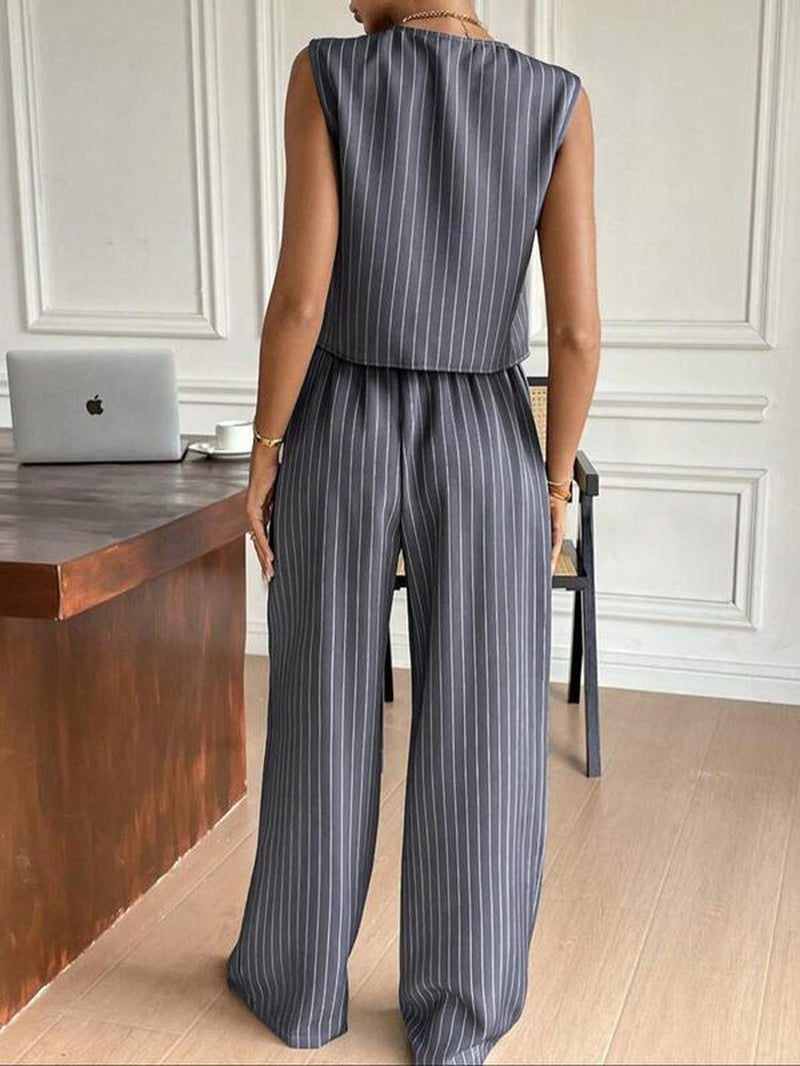 Two-Piece Set Women'S Striped Button Front Tank Top & Pants, Casual Fitted Sleeveless Top & Trousers for Daily Wear, Ladies Clothes for Summer, Casual Matching Set, Casual Formal Set, Summer Outfits Set, Summer Beach Set