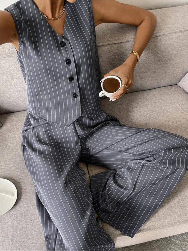 Two-Piece Set Women'S Striped Button Front Tank Top & Pants, Casual Fitted Sleeveless Top & Trousers for Daily Wear, Ladies Clothes for Summer, Casual Matching Set, Casual Formal Set, Summer Outfits Set, Summer Beach Set