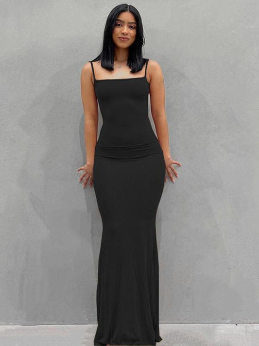 Women'S Minimalist Maxi Bodycon Cami Dress, Adjustable Strap Tight Dresses for Holiday Party Daily Wear, Casual Sleeveless Summer Dress Ladies Clothing