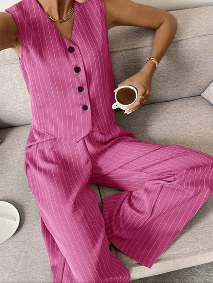 Two-Piece Set Women'S Striped Button Front Tank Top & Pants, Casual Fitted Sleeveless Top & Trousers for Daily Wear, Ladies Clothes for Summer, Casual Matching Set, Casual Formal Set, Summer Outfits Set, Summer Beach Set