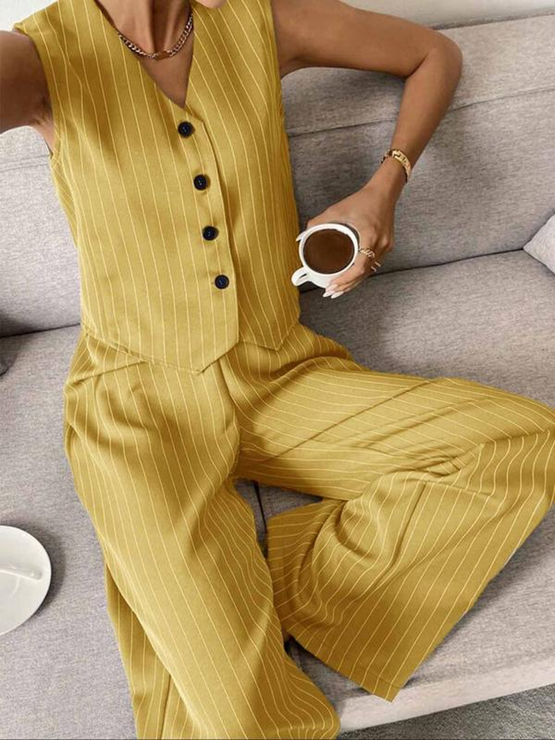 Two-Piece Set Women'S Striped Button Front Tank Top & Pants, Casual Fitted Sleeveless Top & Trousers for Daily Wear, Ladies Clothes for Summer, Casual Matching Set, Casual Formal Set, Summer Outfits Set, Summer Beach Set