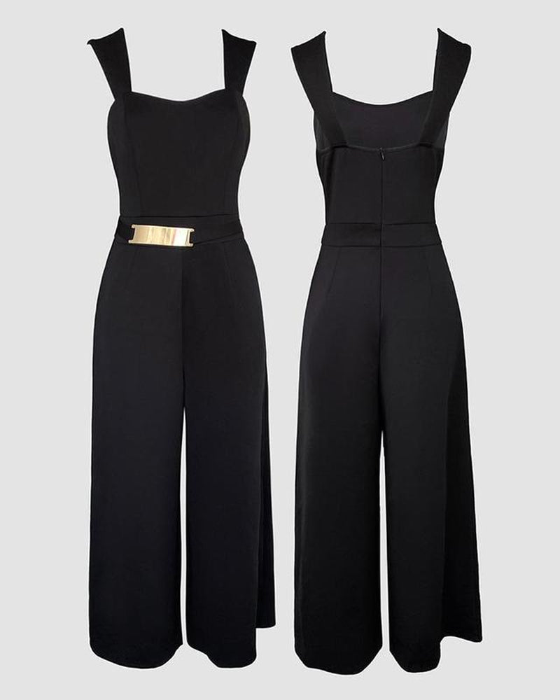 2025 FW Chicme Women'S 2 Pieces Outfit Metal Decor Square Neck Sleeveless Zipper Back Cinched Waist Wide Leg Jumpsuit and Casual Crop Cardigan Set