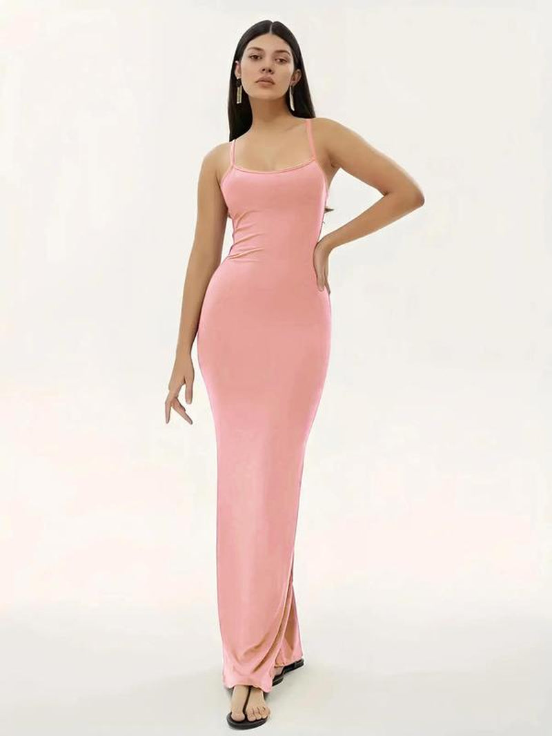 Women'S Minimalist Maxi Bodycon Cami Dress, Adjustable Strap Tight Dresses for Holiday Party Daily Wear, Casual Sleeveless Summer Dress Ladies Clothing