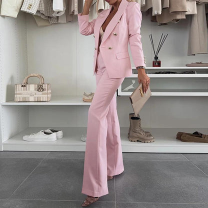 Chicme 2025 Women'S 2 Pieces Outfit Notched Collar Double-Breasted Blazer Set with Casual Slim Fit Flared Work Pants Set