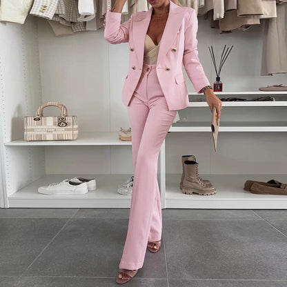 Chicme 2025 Women'S 2 Pieces Outfit Notched Collar Double-Breasted Blazer Set with Casual Slim Fit Flared Work Pants Set