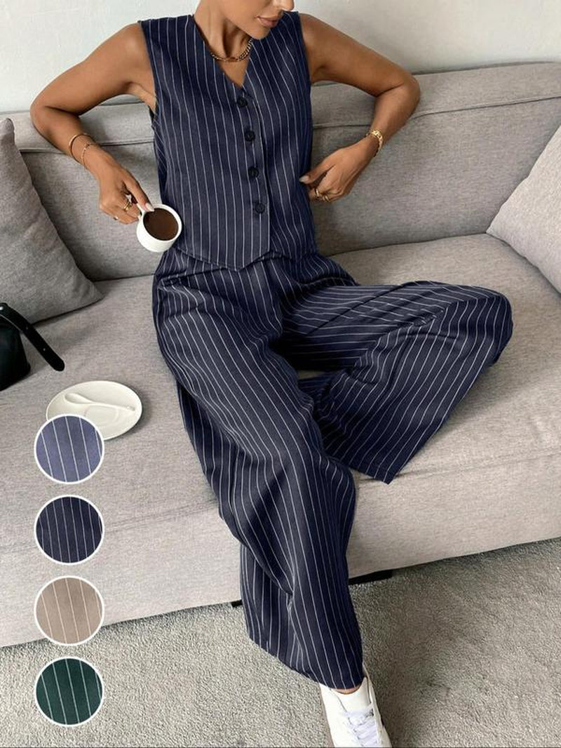 Two-Piece Set Women'S Striped Button Front Tank Top & Pants, Casual Fitted Sleeveless Top & Trousers for Daily Wear, Ladies Clothes for Summer, Casual Matching Set, Casual Formal Set, Summer Outfits Set, Summer Beach Set