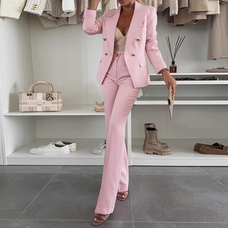 Chicme 2025 Women'S 2 Pieces Outfit Notched Collar Double-Breasted Blazer Set with Casual Slim Fit Flared Work Pants Set