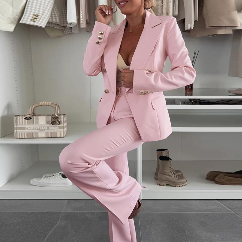 Chicme 2025 Women'S 2 Pieces Outfit Notched Collar Double-Breasted Blazer Set with Casual Slim Fit Flared Work Pants Set