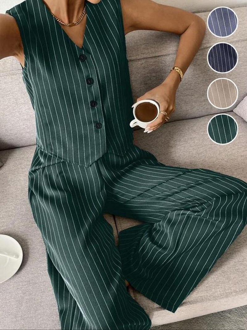 Two-Piece Set Women'S Striped Button Front Tank Top & Pants, Casual Fitted Sleeveless Top & Trousers for Daily Wear, Ladies Clothes for Summer, Casual Matching Set, Casual Formal Set, Summer Outfits Set, Summer Beach Set