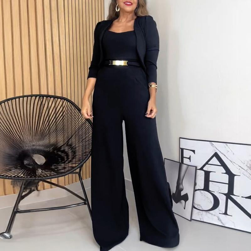 2025 FW Chicme Women'S 2 Pieces Outfit Metal Decor Square Neck Sleeveless Zipper Back Cinched Waist Wide Leg Jumpsuit and Casual Crop Cardigan Set