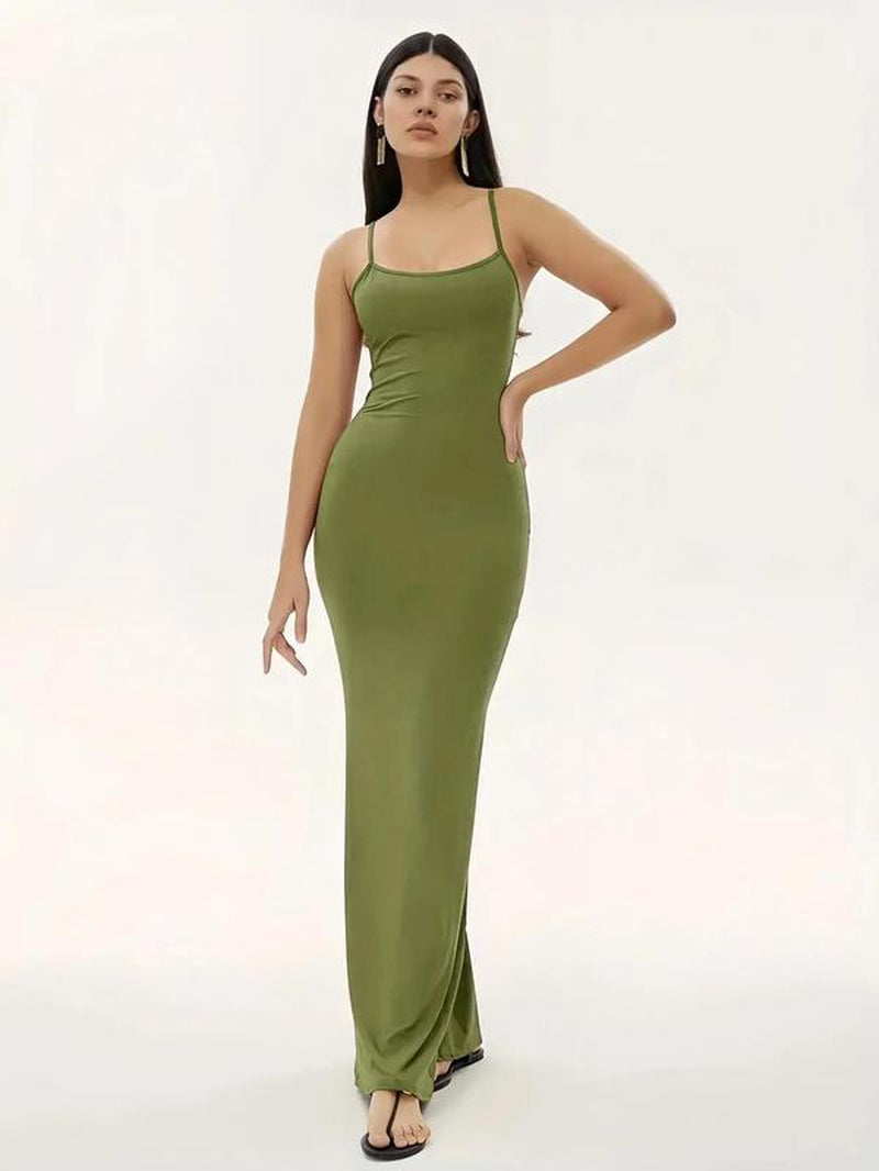 Women'S Minimalist Maxi Bodycon Cami Dress, Adjustable Strap Tight Dresses for Holiday Party Daily Wear, Casual Sleeveless Summer Dress Ladies Clothing