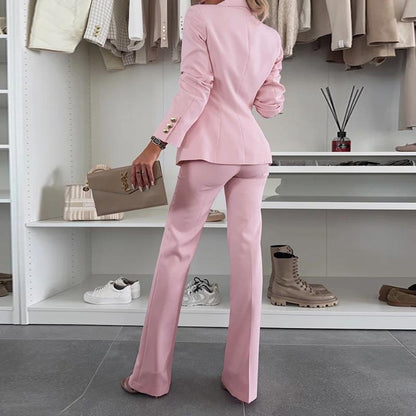 Chicme 2025 Women'S 2 Pieces Outfit Notched Collar Double-Breasted Blazer Set with Casual Slim Fit Flared Work Pants Set