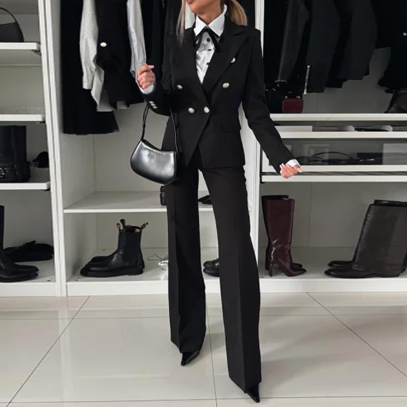 Chicme 2025 Women'S 2 Pieces Outfit Notched Collar Double-Breasted Blazer Set with Casual Slim Fit Flared Work Pants Set